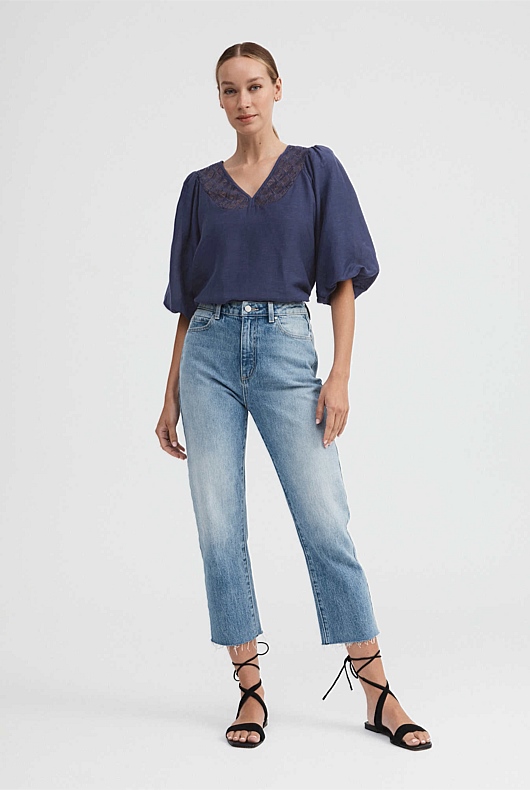 Lace Insert Blouse - Ink Blue