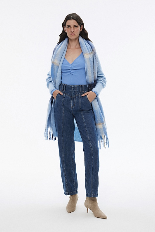 Cotton Rib Gathered Top - Harbour Blue