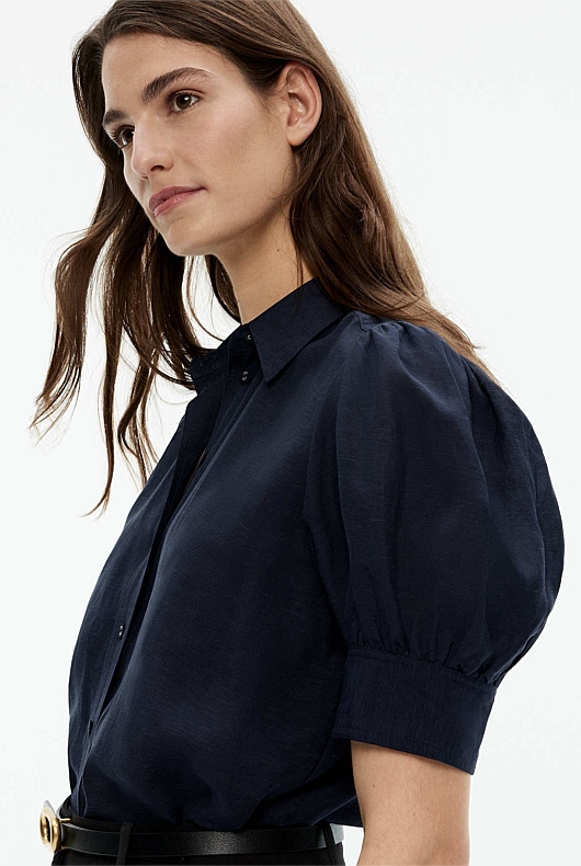 Gathered Puff Sleeve Blouse - Blue Night