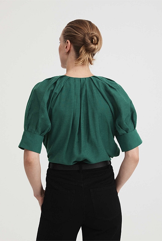Raglan Pleat Sleeve Blouse - Petrol Green