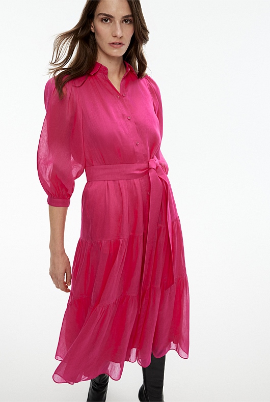 Silk Linen Midi Dress - Dahlia Pink