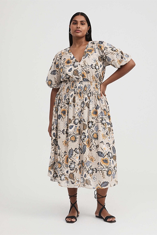 Vine Floral Print Shirred Dress - Barley