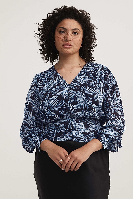 Floral Palm Pleated Blouse - Worn Ink