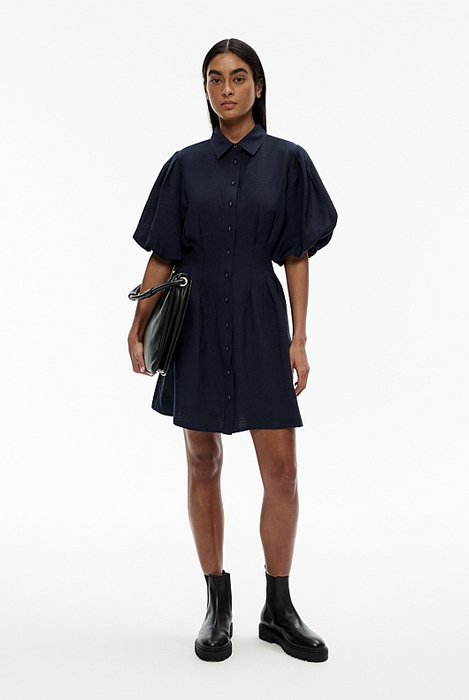Dart Detail Puff Sleeve Dress - Blue Night