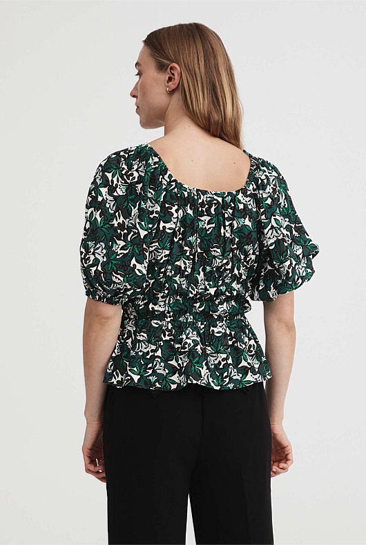 Folk Blossom Gathered Blouse - Foliage