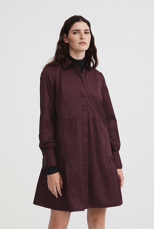 Cotton Mini Shirt Dress - Bordeaux