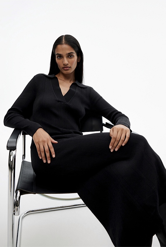 Crepe Henley Knit Dress - Black