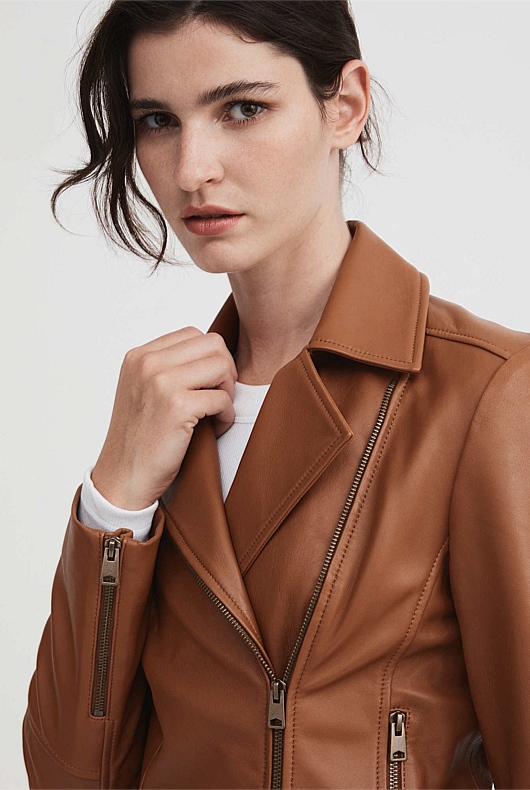 Leather Biker Jacket - Chestnut