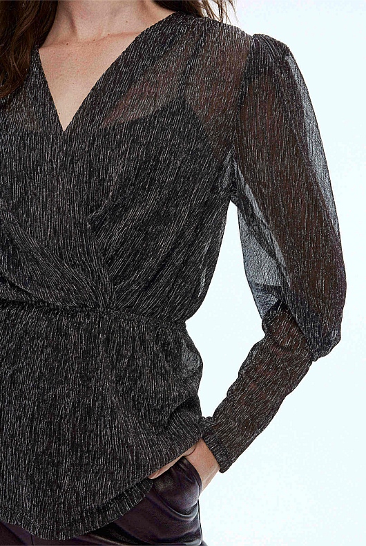 Mesh Metallic V Neck Top - Black