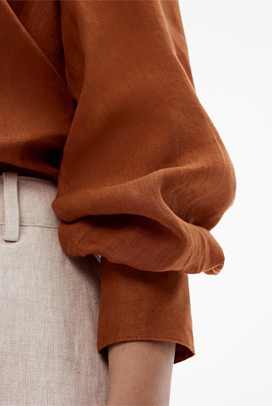 French Linen Volume Sleeve Shirt - Faded Terracotta