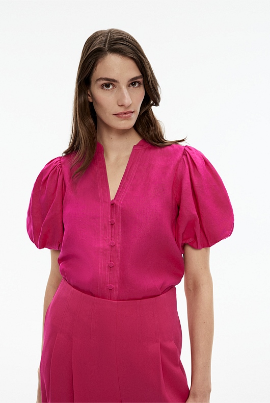 Hemp Puff Sleeve Blouse - Dahlia Pink