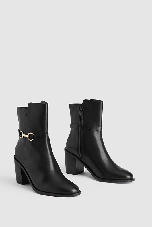 Snaffle Leather 75mm Heeled Boot - Black