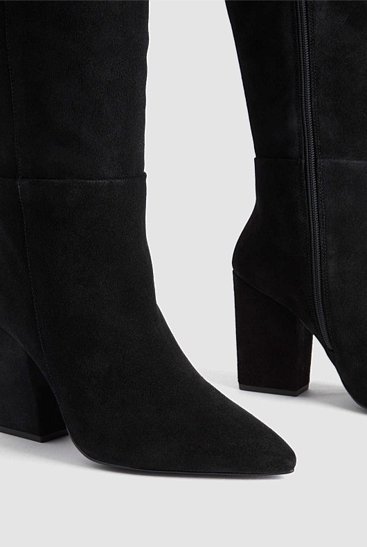 Suede Knee High 90mm Heeled Boot - Black