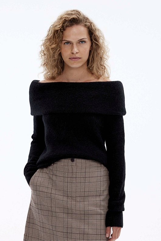 Alpaca Blend Off Shoulder Knit - Black