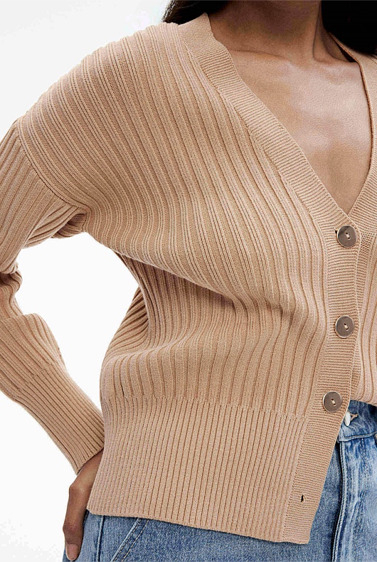 Rib Drop Shoulder Cardigan - Washed Sand