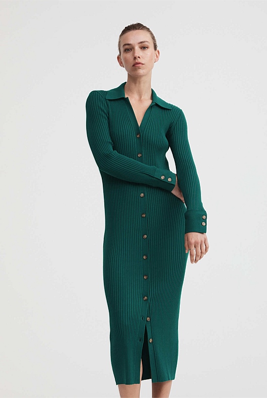 Button Through Rib Longline Cardigan - Petrol Green