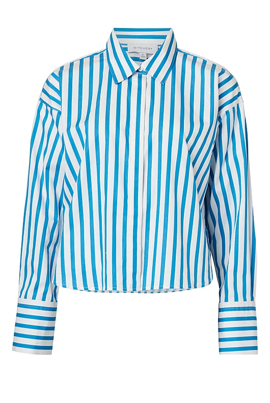 Cotton Stripe Cropped Shirt - Wedgewood Blue