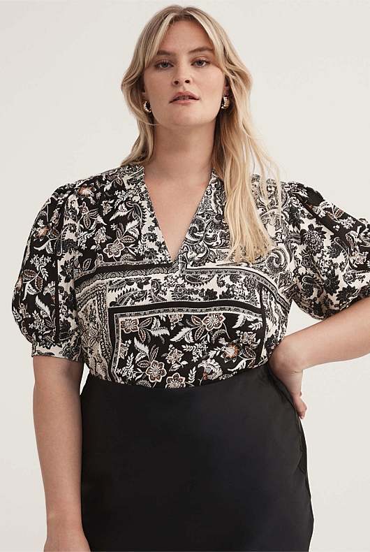 French Linen Scarf Print Blouse - Raven
