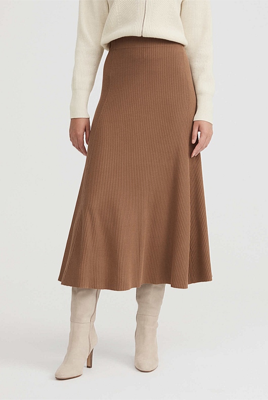 Rib Knit Flare Skirt - Camel