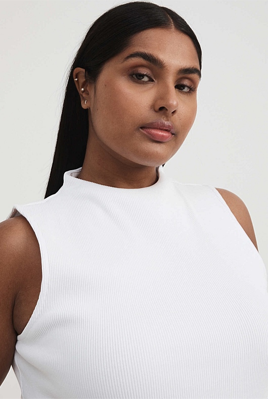 Cotton Rib Mock Neck Tank - Pure White