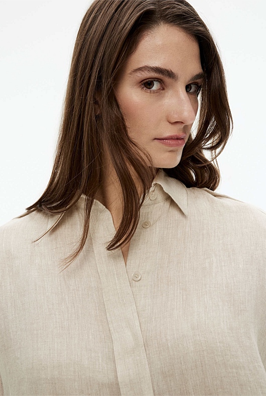 French Linen Yarn Dye Cropped Shirt - Flax
