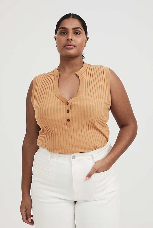 Cotton V Neck Henley Tank - Acorn