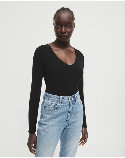 Witchery Rib Long Sleeve V Neck Tee