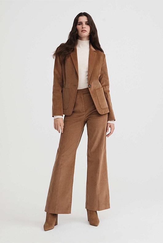 Cotton Cord Single Breasted Blazer - Camel