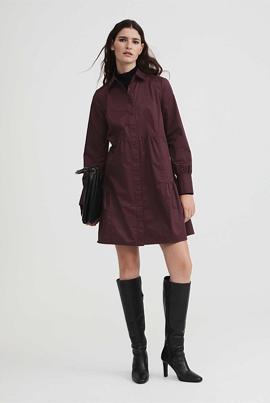 Cotton Mini Shirt Dress - Bordeaux