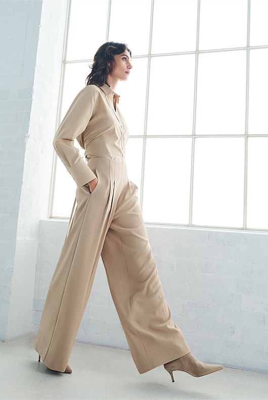 Waist Detail Wide Leg Trouser - Washed Sand