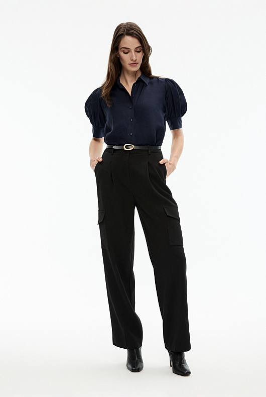 Gathered Puff Sleeve Blouse - Blue Night