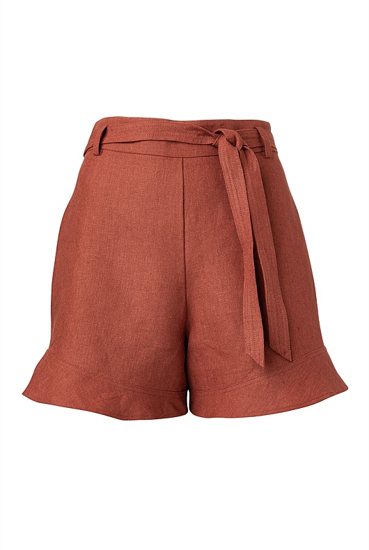 Belt Detail Linen Short - Burnt Red