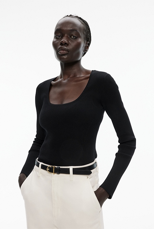 Scoop Rib Long Sleeve Knit - Black