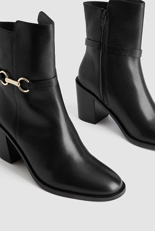 Snaffle Leather 75mm Heeled Boot - Black