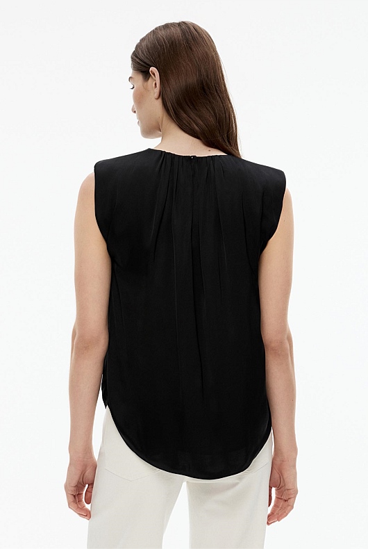 Satin Gathered Tank - Black