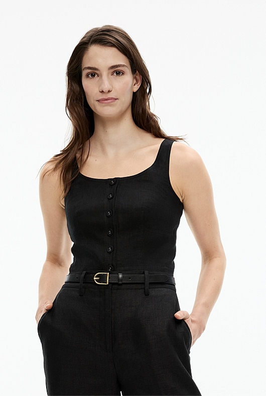 French Linen Cropped Button Bodice - Black