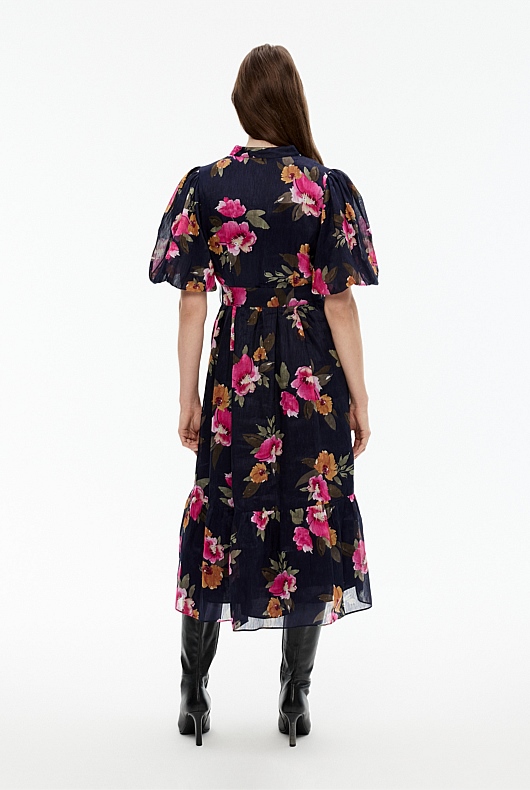 Watercolour Print Midi Dress - Midnight Blue