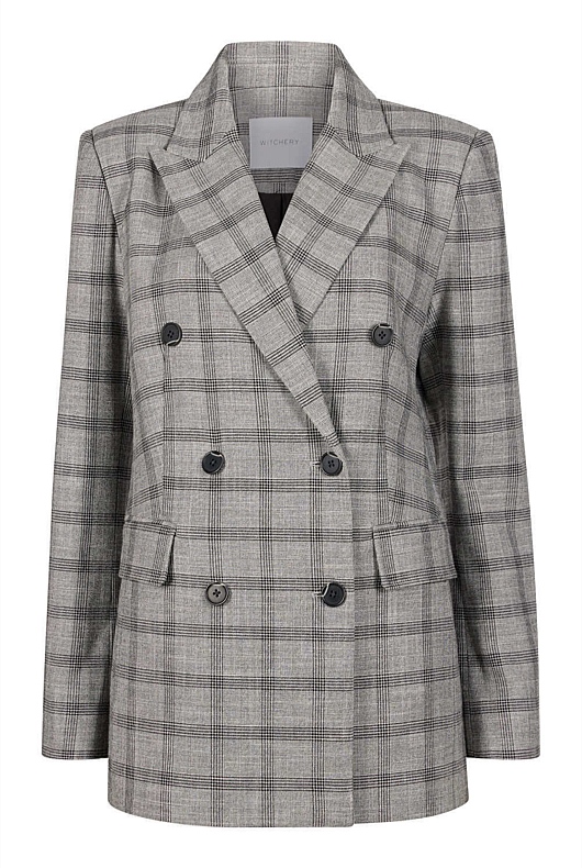 Double-Breasted Yarn Dye Check Blazer - Grey Sky