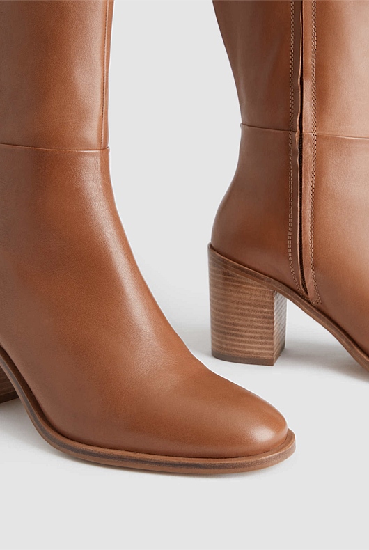Leather Calf Height 75mm Heeled Boot - Cinnamon