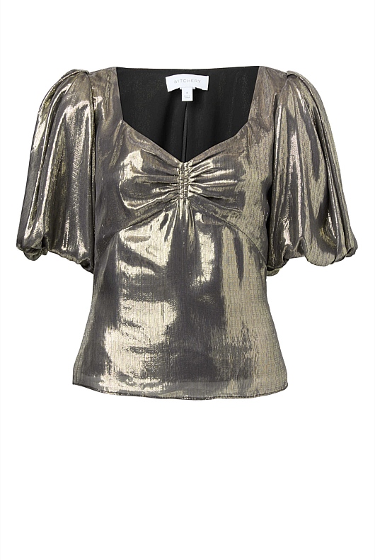 Metallic Puff Sleeve Blouse - Pewter