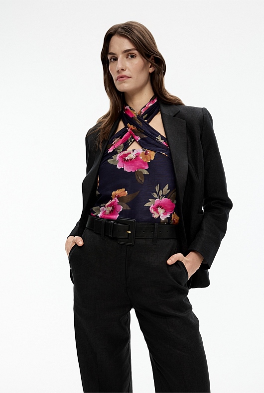 Watercolour Silk Linen Halter - Midnight Blue