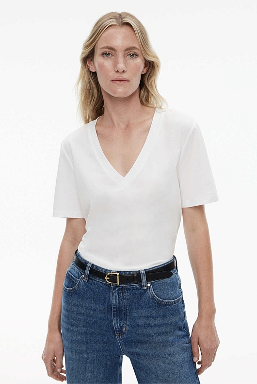 Cotton V Neck Tee - Pure White