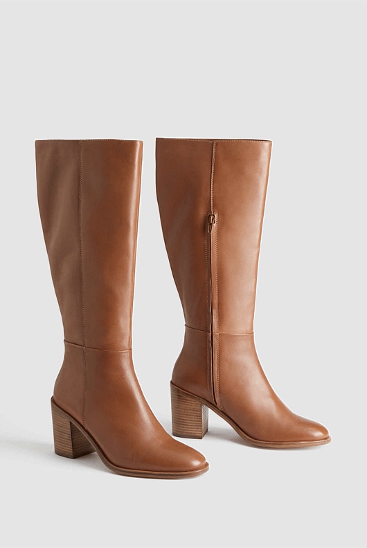 Leather Calf Height 75mm Heeled Boot - Cinnamon