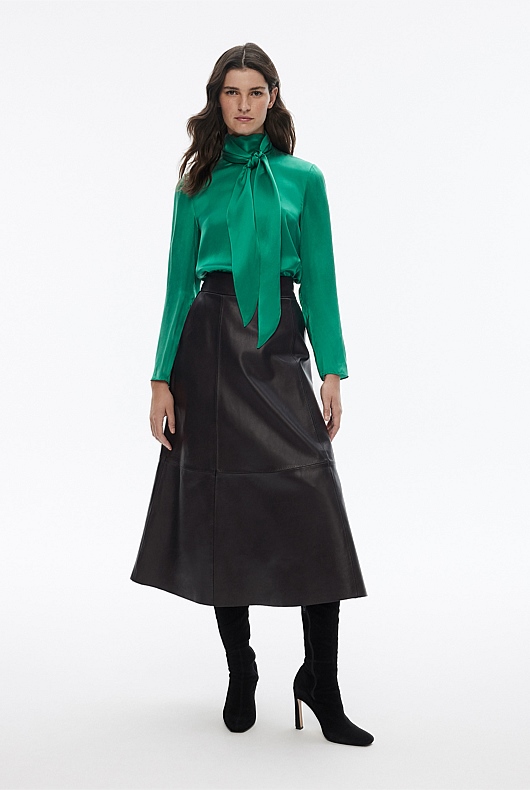 Silk Satin Pussybow Blouse - Aqua Green