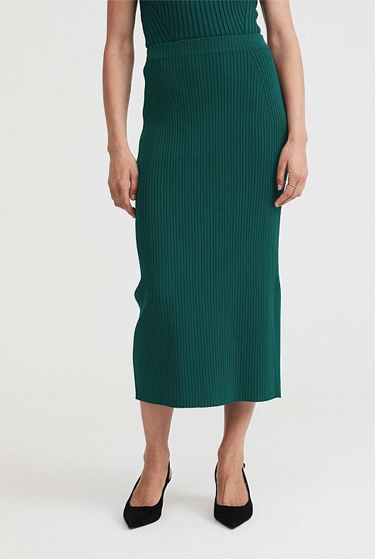 Knit Rib Midi Skirt - Petrol Green