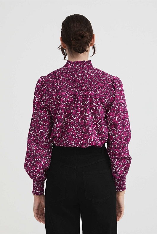 Berry Floral Shirred Blouse - Cranberry