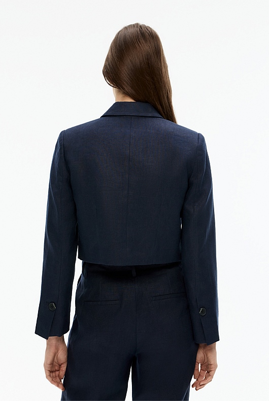 Linen Single-Breasted Cropped Blazer - Blue Night