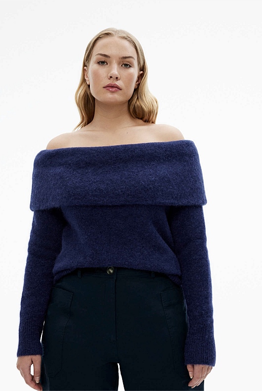 Alpaca Blend Off Shoulder Knit - Ink Blue