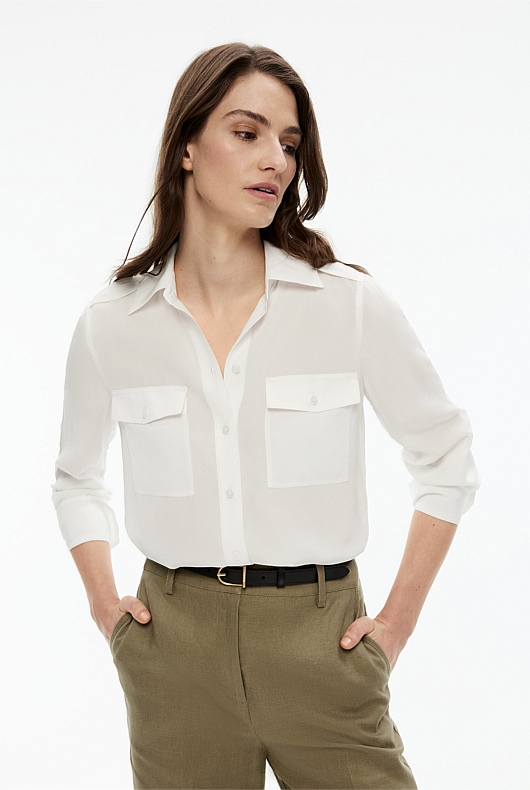 Silk Utility Tab Sleeve Shirt - Chalk