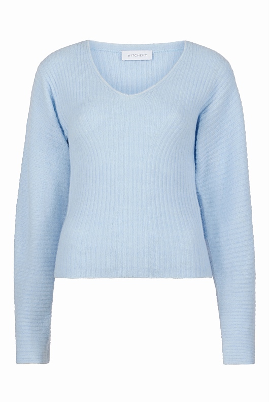 Alpaca Blend Rib V Neck Knit - Baby Blue